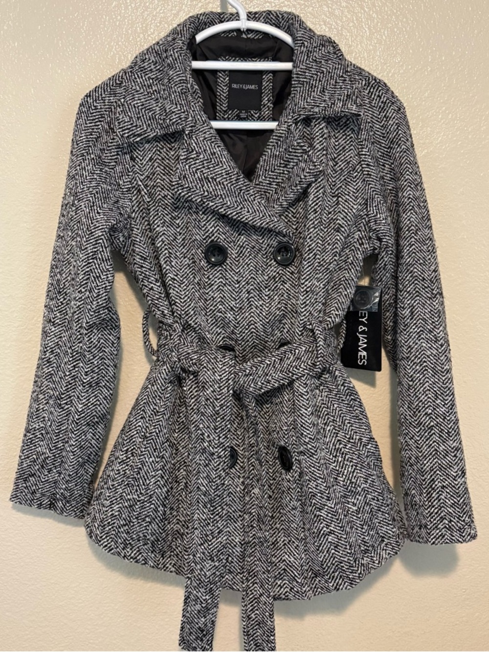 NWT Riley & James Herringbone Tweed Coat Black & White Belted Peacoat Size M